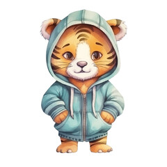 watercolors Cute cool tiger wearing hoodie jacket