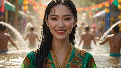 Obraz premium A joyful Asian woman in traditional attire smiles brightly amidst a festive water celebration.