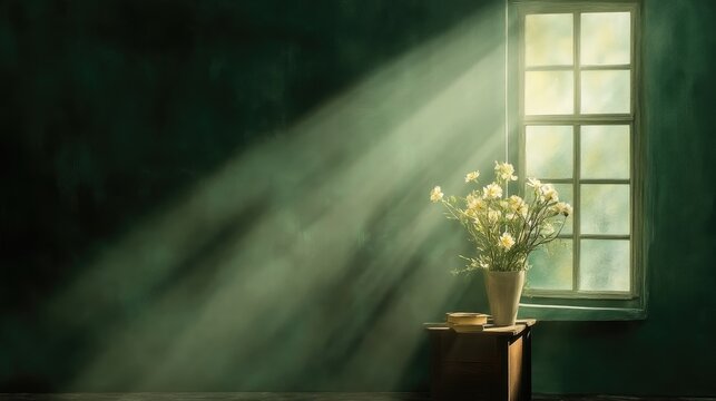 Sunlight streams through window, illuminating a vase of white flowers on a small table