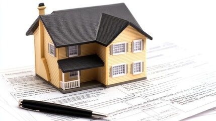 House model on paperwork; pen nearby; white background; real estate concept