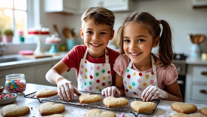 Two cheerful children, a boy and a girl, joyfully baking heart-shaped cookies in a bright kitchen.