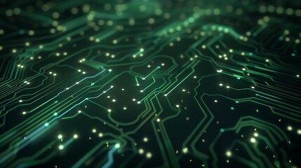 Green circuit board glowing, data streams, tech background, digital future