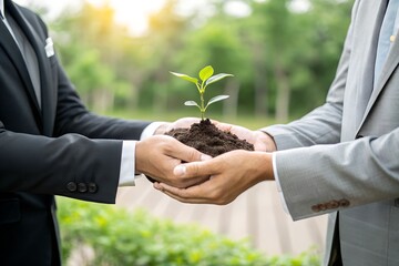 World environment day. Business hands holding green plant together for environment sustainable development goal. Green business company and esg, csr concept. Corporate and community cooperation