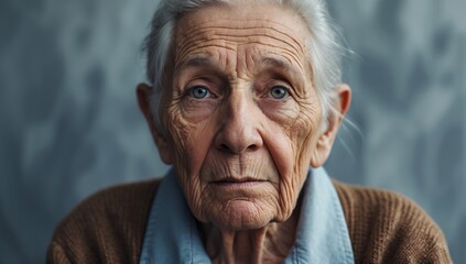 An elderly woman with striking blue eyes and deep wrinkles gazes thoughtfully, showcasing her life experiences and resilience.