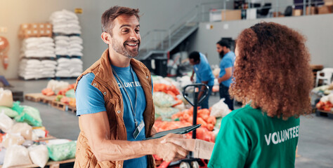 Handshake, happy and volunteers for non profit at food drive, charity or donation organization....