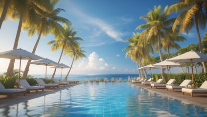 Naklejka premium A serene tropical poolside scene with palm trees, inviting loungers, and a stunning ocean view under a clear blue sky.