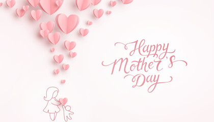 Mother's day postcard with paper flying elements on pink background. Drawing mum and child. Vector symbols of love in shape of heart for greeting card design