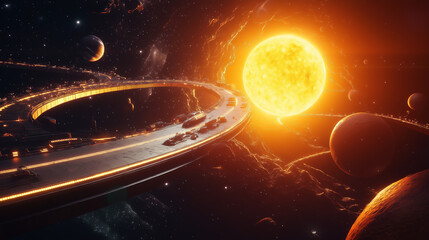 Epic Star System with Asteroids, Spacecraft, and an Artificial Ring Structure