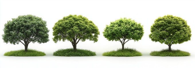 D rendering PNG featuring isolated trees with unique growth shapes set against transparent backgrounds for gardening