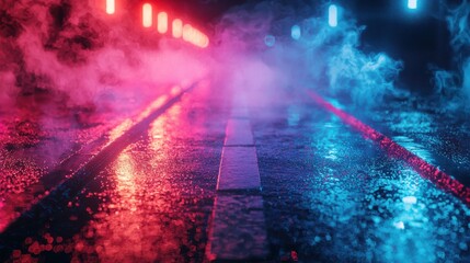 3D Old Wet Asphalt Street with Neon Smoke