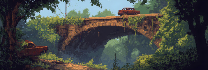 Ruined urban bridge with overgrown vegetation and abandoned vehicles