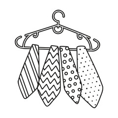 Hanger with ties drawn with black line. Graphic illustration with men's accessories. Diagonal stripe, zigzag, circle and speckle design. Outlines object on white background. Vector coloring page.