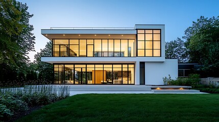 Modern luxury home with large windows, illuminated at dusk, showcasing sleek design and spacious backyard.