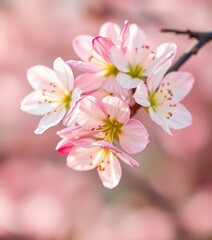 Obraz premium Delicate watercolor spring blossoms, soft pastel hues, blurred background, tranquility, field, light