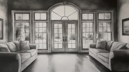 Interior Grayscale Living Room with Large Windows