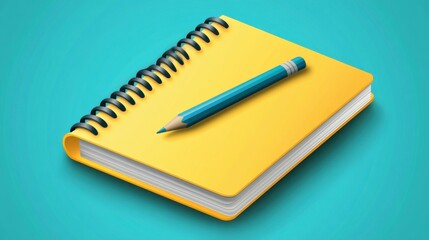 Bright yellow spiral notebook and blue pencil on a teal background, perfect for students and creative projects.