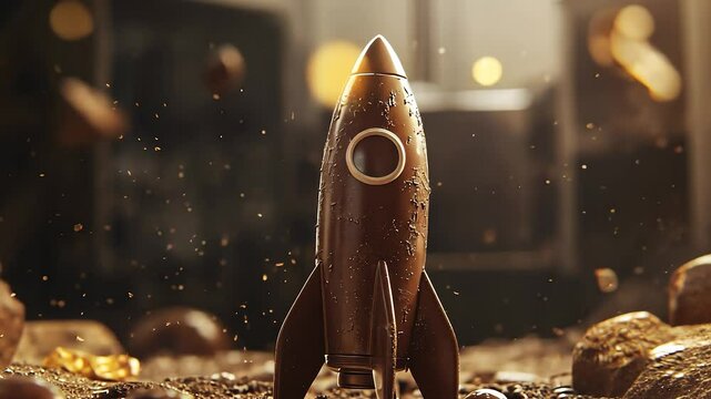 Chocolate rocket in field. Blurry chocolate background with a rocket. A fire glares as it is lit. A cocoa spacecraft in lifestyle a meadow.