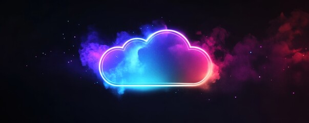 Fototapeta premium Cloud technology logo design, graphic, flat illustration, simple lines, black background, colorful, abstract art style, cloud icon with glow effect, cyberpunk Generative AI