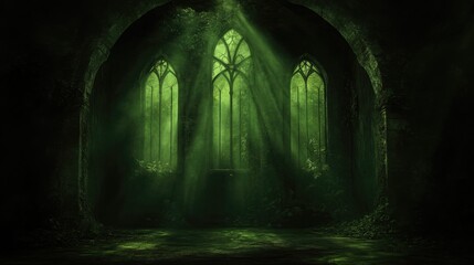 Obraz premium Mystic, overgrown chapel interior, bathed in emerald light