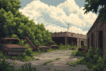 Fototapeta premium Ruined urban car dealership with overgrown plants and abandoned vehicles