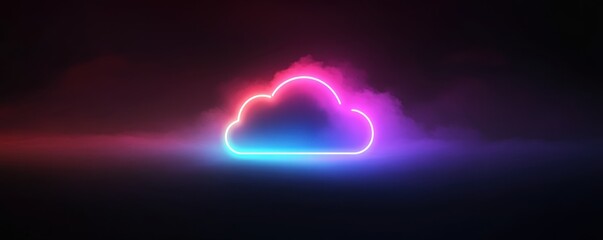 Obraz premium Cloud icon, logo design with neon glow effect on a black background, in a simple and minimalistic style Generative AI