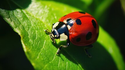 A single red ladybug resting on a bright green leaf