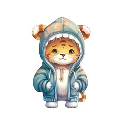 watercolors Cute cool tiger wearing hoodie jacket