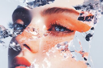 Fototapeta premium Shattered Reflections: A close-up of a woman's face is artfully framed by shards of broken glass, symbolizing vulnerability and transformation.