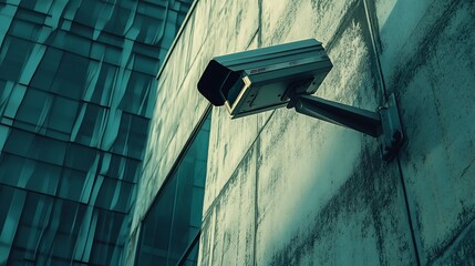 Security camera mounted on building exterior wall.