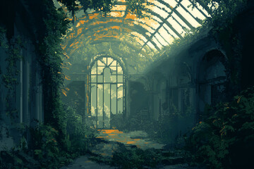 Ruined urban botanical conservatory with shattered glass and overgrown exotic plants