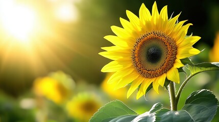 Fototapeta premium Close-up of a blooming sunflower with golden petals, surrounded by soft green leaves under warm sunlight 