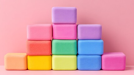Pastel color blocks pyramid on pink background.