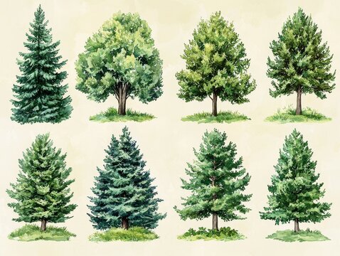A set of watercolor trees is available on a transparent background