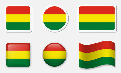 Flag of Bolivia icons collection. Flat stickers and 3d glass vector elements on white background.