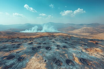 Expansive view of a volcanic landscape with smoking craters under a bright blue sky