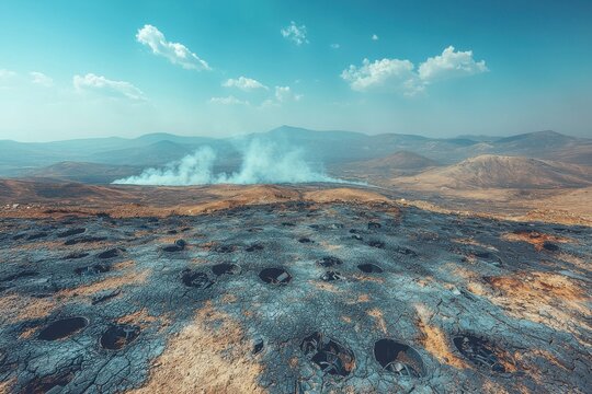 Expansive view of a volcanic landscape with smoking craters under a bright blue sky