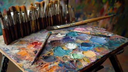 An artists paint brushes and palette with various colors are shown