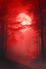 Red Forest Scene with Full Moon Shining Through Foggy Trees