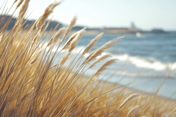 Fototapeta premium Golden beach grass swaying in coastal breeze, ocean waves in background.