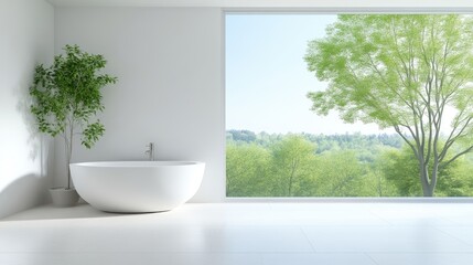 Modern bathroom with large window views of lush greenery
