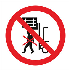 Red prohibition sign isolating forklift truck carrying load and walking worker, on white background © juraj