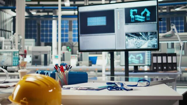 Monitor in green energy solar panels plant with software used to optimize layouts. Computer program in eco friendly photovoltaics factory doing arrangements for maximum energy output, panning shot