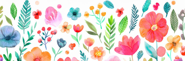 Obraz premium Watercolor flowers, hand drawn print on white background. ;right soft colors, simple style, botanical wallpaper.