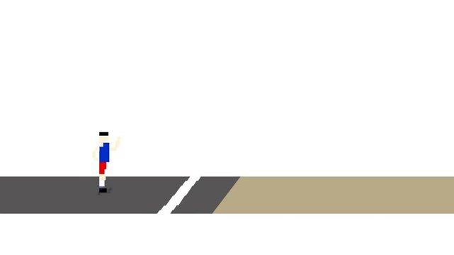 Animation of an old-school long jump athletics game in pixel art style on white background, competition, game, vintage.