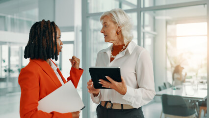 Business people, tablet and consulting or discussion for advice, online research and internet on...
