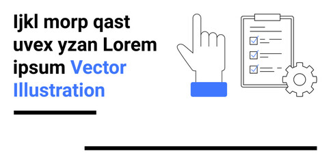 Hand pointing at checklist with gear icon symbolizing task completion, settings, or productivity. Ideal for process flow, task management, teamwork, planning, automation, productivity tips simple