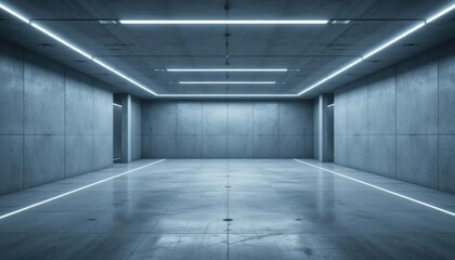 The basement room on the bottom floor of the building's parking lot is empty in an industrial cast concrete style. Abstract modern minimal background