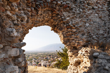 Byzantine stone ruins of the Castle Issari of Sidirokastro near Serres, Macedonia Greece, panoramic view to the city, tourist destination