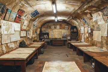 Exploring an underground mapping room with historical maps and wooden tables in a cavernous setting