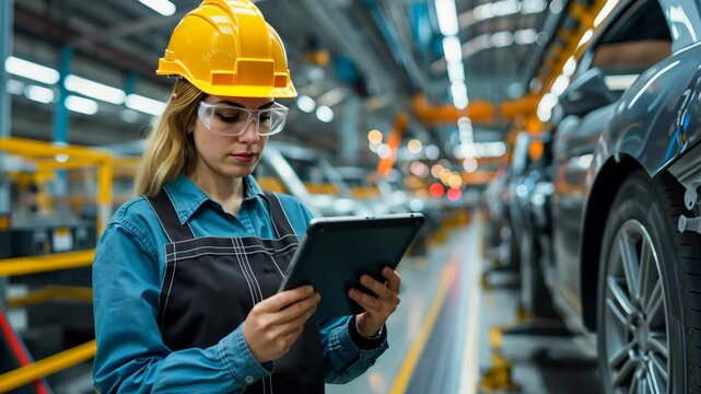 A skilled female engineer in safety gear analyzes data on a tablet in a busy automotive facility, showcasing the crucial role of technology in mechanical engineering and production